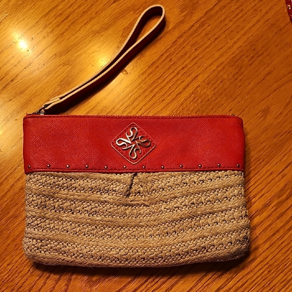 Red and Tan Two-Tone Clutch with Wrist Strap - Picture 5 of 6